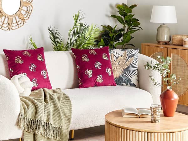 Koristetyyny viininpunainen 45 x 10 x 45 cm sametti polyesteritäyte 2 kpl lehtikuvio neliö glamour