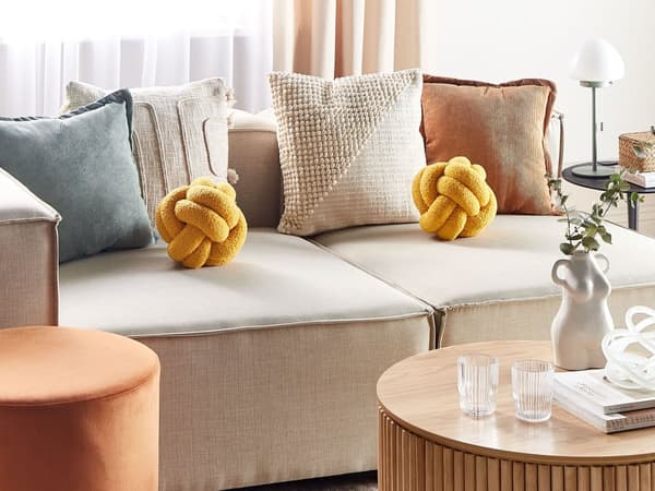 Knude Pude Gul Boucle 19 x 19 Rund Viklet Pyntepude til Stuen Pude til Sofa Tilbehør Knot Pillow Accessory til Seng Soveværelse Indretning