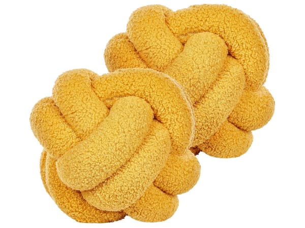 Knude Puder Gul Boucle 19 x 19 cm Sæt af 2 Runde Pyntepuder til Stuen Puder til Sofa Tilbehør Knot Pillow Accessories til Seng Indretning