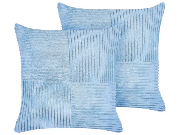 Pyntepuder Blå Fløjl 43 x 43 cm Sæt af 2 Moderne Sofapuder Bredriflet Stof Stribet Mønster Puder til Seng Tilbehør Indretning