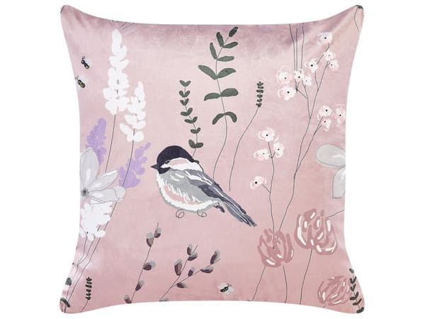 Pyntepuder Lyserød Velour 45 x 45 cm Sæt af 2 Moderne Sofapuder med Blomster Fugl Mønster Firkantede Puder til Seng Tilbehør Indretning