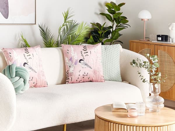 Pyntepuder Lyserød Velour 45 x 45 cm Sæt af 2 Moderne Sofapuder med Blomster Fugl Mønster Firkantede Puder til Seng Tilbehør Indretning
