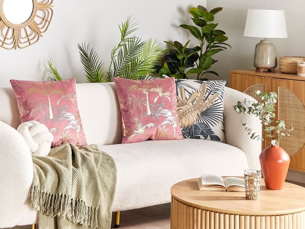Pyntepuder Lyserød Guld Velour 45 x 45 cm Sæt af 2 Moderne Sofapuder med Palme Blade Træ Mønster Firkantede Puder til Seng Tilbehør Indretning