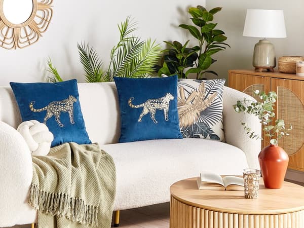 Pyntepuder Blå Guld Velour 45 x 45 cm Sæt af 2 Moderne Sofapuder med Leopard Motiv Firkantede Puder til Seng Tilbehør Indretning