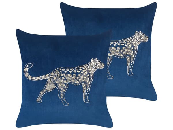 Pyntepuder Blå Guld Velour 45 x 45 cm Sæt af 2 Moderne Sofapuder med Leopard Motiv Firkantede Puder til Seng Tilbehør Indretning