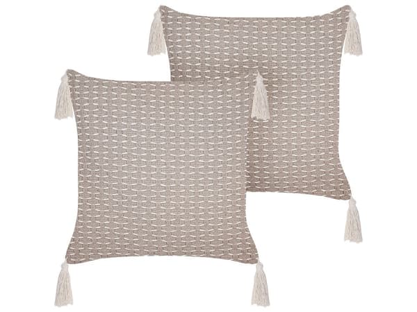 Pyntepuder Taupe Polyester Bomuld 42 x 42 cm Sæt af 2 Små Firkantede Sofapuder med Kvaster Puder til Sengen Dekoration Tilbehør Stuen