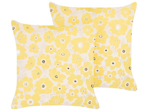 Pyntepude Beige Gul Velour 45 x 45 cm Sæt af 2 Moderne Sofapuder med Blomster Flotte Puder til Stuen og Sengen Dekoration Tilbehør