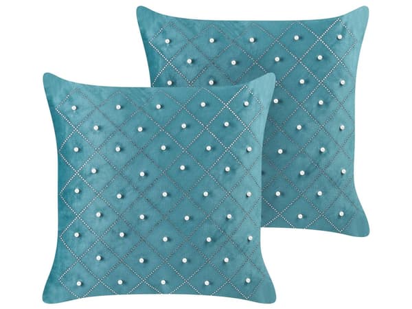 Sæt med 2 puder Blågrøn Velour 45 x 45 cm med Dekorative Elementer Glamourøs Moderne Stue Soveværelse