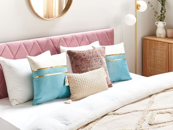 Sæt med 2 Dekorative Puder Blå og Beige Velour 45 x 45 cm med Guldlinjer Glamourøs Moderne Stue Soveværelse
