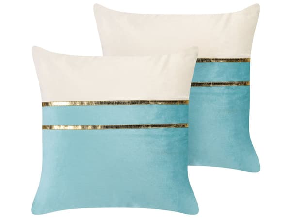 Sæt med 2 Dekorative Puder Blå og Beige Velour 45 x 45 cm med Guldlinjer Glamourøs Moderne Stue Soveværelse