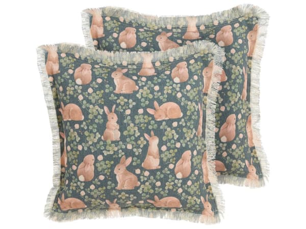 Sæt med 2 pyntepuder grøn bomuld polyester 45 x 45 cm firkantet kaninmotiv med fyld Påskedekoration