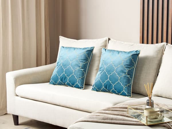 Sæt med 2 dekorative velour puder Blå Quatrefoil-mønster 45 x 45 cm Folietryk Marokkansk kløver Glamour