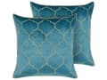 Miniatyrbillede 1 af 7: Sæt med 2 dekorative velour puder Blå Quatrefoil-mønster 45 x 45 cm Folietryk Marokkansk kløver Glamour