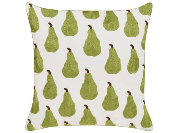 Sæt med 2 pyntepuder grøn bomuld polyester hvid baggrund 45 x 45 cm med fyld broderet frugtmotiv pærer dekorativ dekorativ
