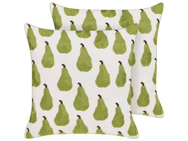 Sæt med 2 pyntepuder grøn bomuld polyester hvid baggrund 45 x 45 cm med fyld broderet frugtmotiv pærer dekorativ dekorativ