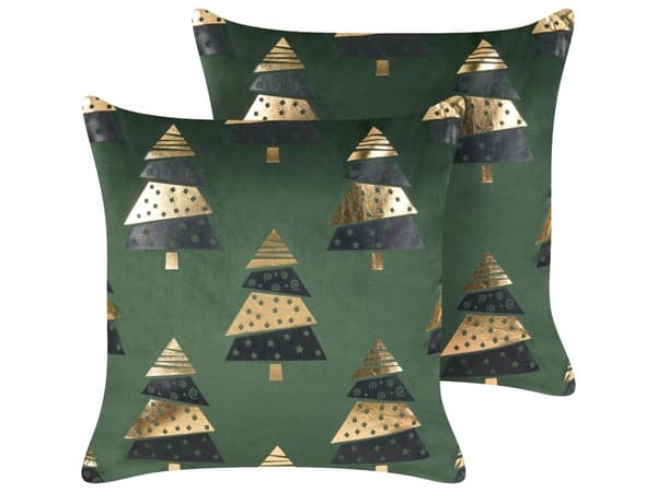 Pyntepuder Grøn Velour 45 x 45 cm Sæt af 2 Moderne Sofapuder med Juletræ Motiv Firkantede Puder til Seng Tilbehør Indretning