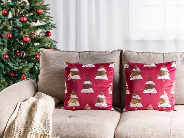 Pyntepuder Rød Velour 45 x 45 cm Sæt af 2 Moderne Sofapuder med Juletræ Motiv Firkantede Puder til Seng Tilbehør Indretning