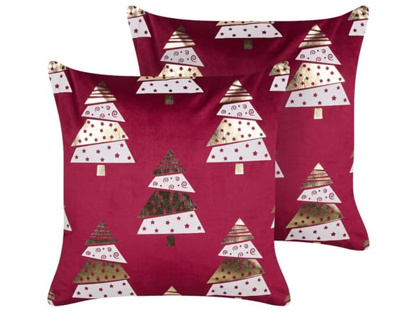 Pyntepuder Rød Velour 45 x 45 cm Sæt af 2 Moderne Sofapuder med Juletræ Motiv Firkantede Puder til Seng Tilbehør Indretning