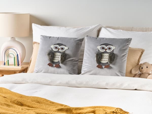 Pyntepuder Grå Velour 45 x 45 cm Sæt af 2 Moderne Sofapuder med Ugle Motiv Firkantede Puder til Seng Tilbehør Indretning