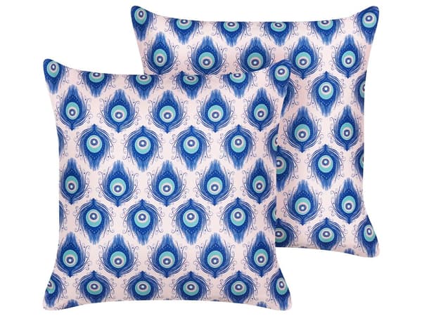 Udendørs Puder Lyserød Blå Polyester 45 x 45 cm Firkantede Udendørspuder til Havemøbler Påfugle Mønster Vandtæt Design