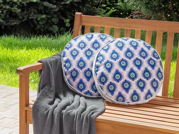 Udendørs Puder Lyserød Blå Polyester ø 40 cm Runde Udendørspuder til Havemøbler Påfugle Mønster Vandtæt Design