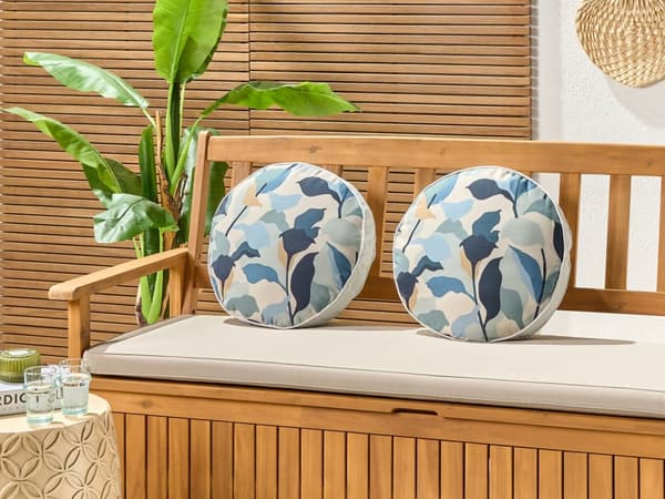 Udendørs Puder Blå Hvid Polyester ø 40 cm Sæt af 2 Runde Udendørspuder til Havemøbler Bladmønster Vandtæt Design