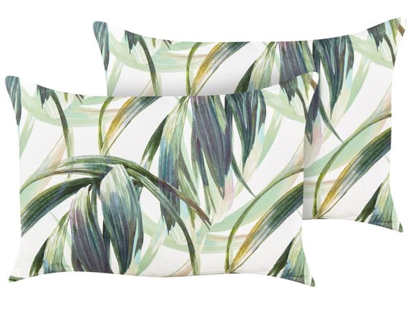 Udendørs Puder Hvid Grøn Polyester 40 x 60 cm Aflange Udendørspuder til Havemøbler Palmeblade Mønster Vandtæt Design
