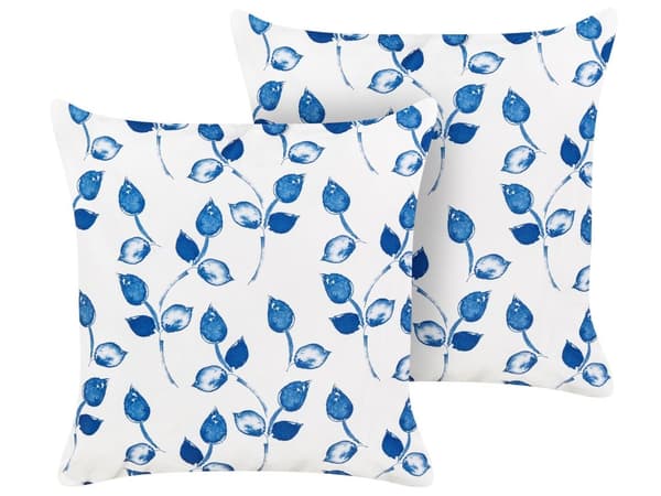 Udendørs Puder Blå Hvid Polyester 45 x 45 cm Firkantede Udendørspuder til Havemøbler Bladmønster Vandtæt Design