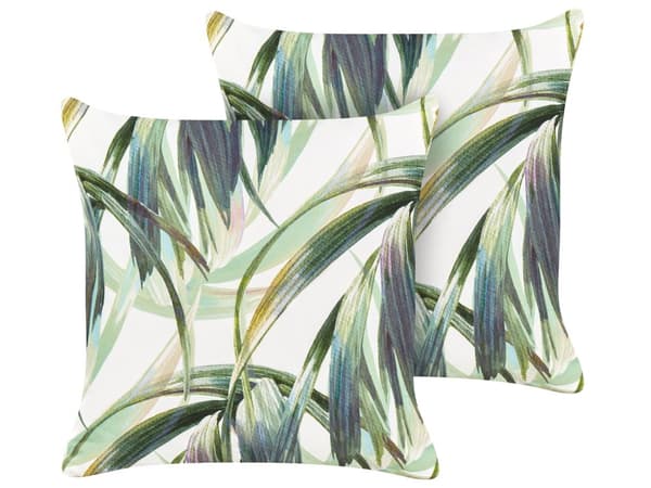 Udendørs Puder Hvid Grøn Polyester 45 x 45 cm Firkantede Udendørspuder til Havemøbler Palmeblade Mønster Vandtæt Design