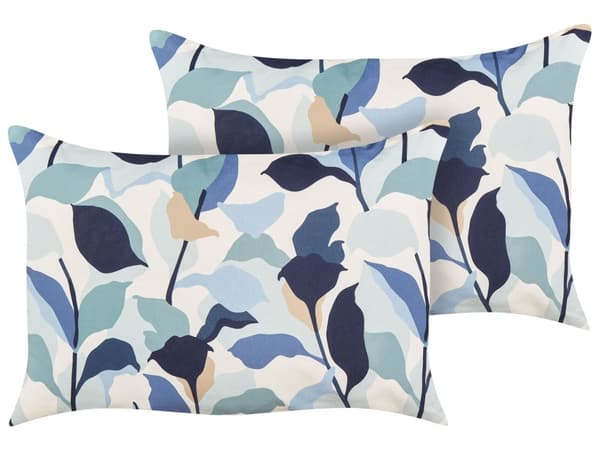 Udendørs Puder Blå Hvid Polyester 40 x 60 cm Sæt af 2 Aflange Udendørspuder til Havemøbler Bladmønster Vandtæt Design
