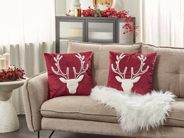 Pyntepuder Hvid Rød Velour 45 x 45 cm Sæt af 2 Moderne Sofapuder med Rensdyr Firkantede Puder til Seng Julepuder Tilbehør Indretning