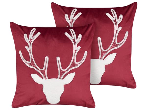 Pyntepuder Hvid Rød Velour 45 x 45 cm Sæt af 2 Moderne Sofapuder med Rensdyr Firkantede Puder til Seng Julepuder Tilbehør Indretning