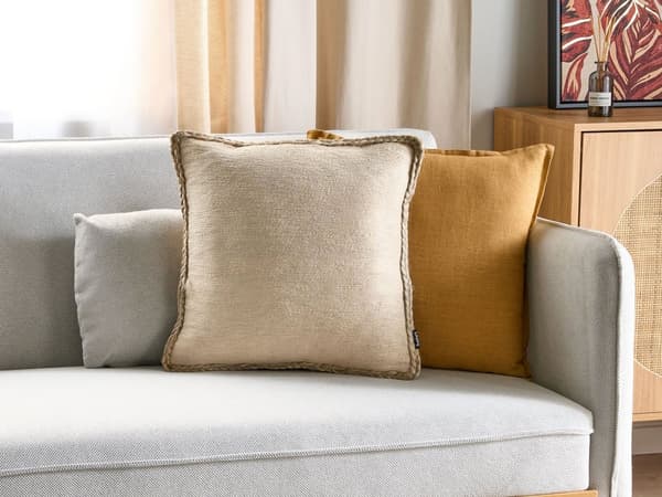 Koristetyyny beige juutti 45 x 45 cm punottu irrotettava päällinen vetoketjulla boho tyyli