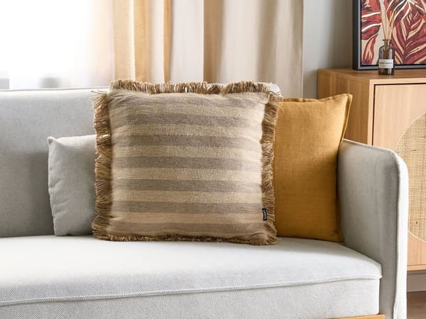 Koristetyyny beige 45 x 45 cm juutti irrotettava päällinen vetoketjulla raidallinen hapsut boho