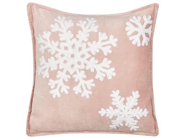 Sæt med 2 pyntepuder lyserød hvid bomuldsvelour 45 x 45 cm Juletema med snefnug julepynt