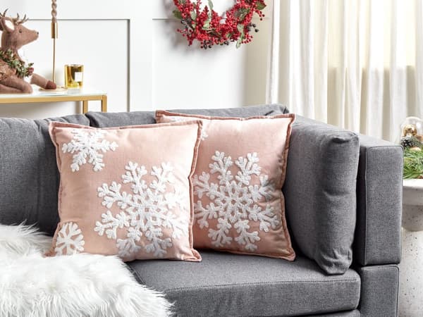 Sæt med 2 pyntepuder lyserød hvid bomuldsvelour 45 x 45 cm Juletema med snefnug julepynt
