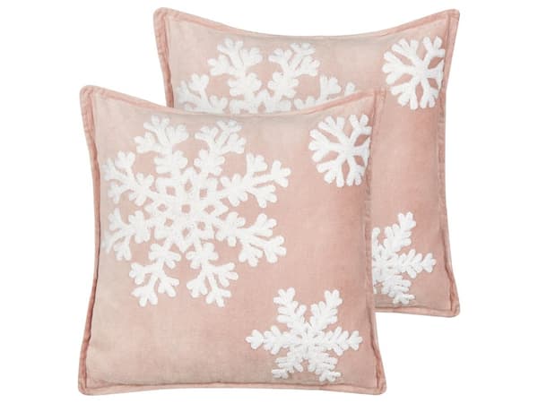 Sæt med 2 pyntepuder lyserød hvid bomuldsvelour 45 x 45 cm Juletema med snefnug julepynt