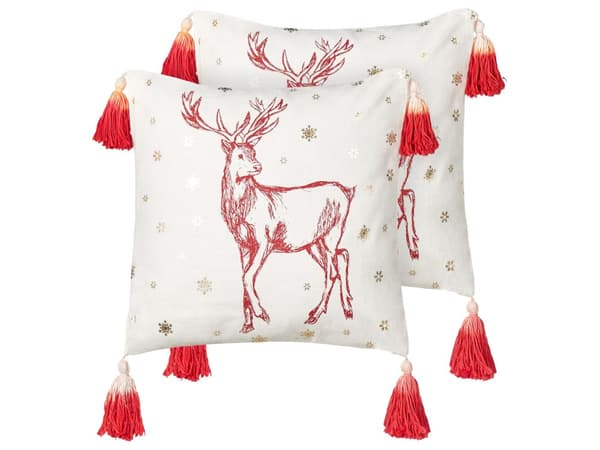 Sæt med 2 pyntepuder hvid rød bomuld 45 x 45 cm festligt motiv med rensdyr juleprint