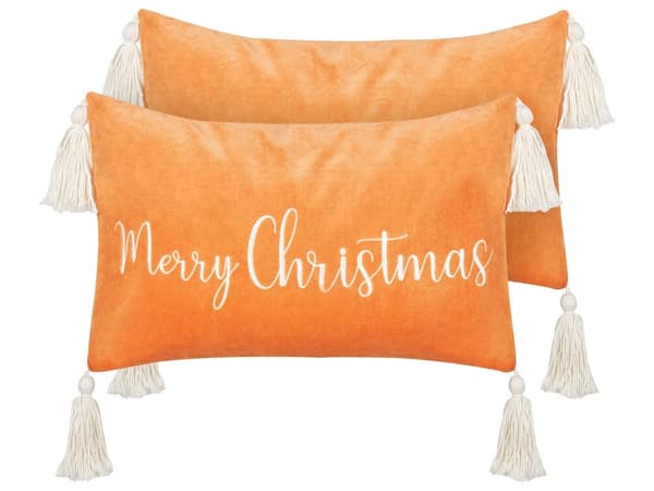 Sæt med 2 pyntepuder orange bomuldsvelour 30 x 50 cm Julemotiv med kvaster Julebroderede bogstaver