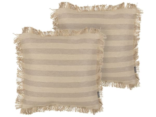 Sæt med 2 pyntepuder beige jute 45 x 45 cm stribet pyntekant kvaster aftageligt boho-pudebetræk