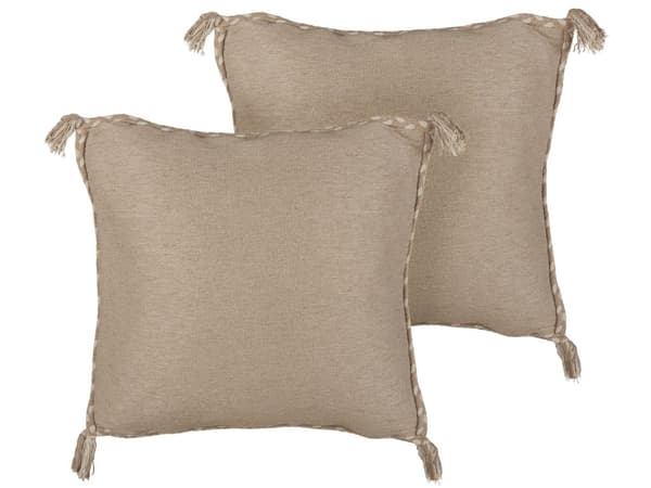 Sæt med 2 pyntepuder beige jute 45 x 45 cm dekorative kvaster aftageligt boho-pudebetræk