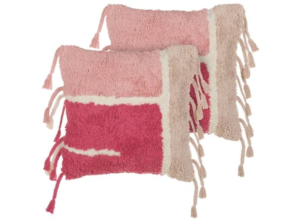 2 dekorative lyserøde bomuldspuder 45 x 45 cm tuftet med kvaster pudebetræk i boho-stil