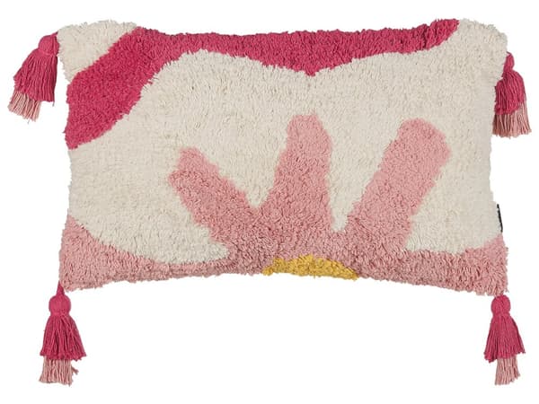 2 dekorative lyserøde og hvide bomuldspuder 30 x 50 cm tuftet med kvaster boho blomstermotiv pudebetræk