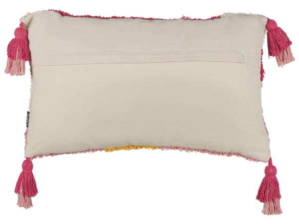 2 dekorative lyserøde og hvide bomuldspuder 30 x 50 cm tuftet med kvaster boho blomstermotiv pudebetræk