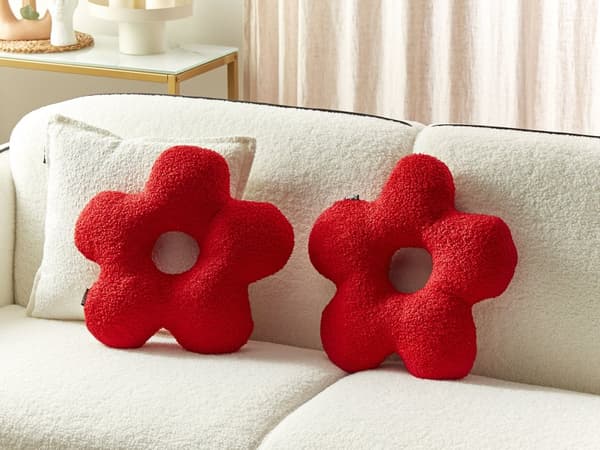 Dekorativ pude rød 40 x 40 kunstig turkis 2 stk fluffy blomsterformet moderne