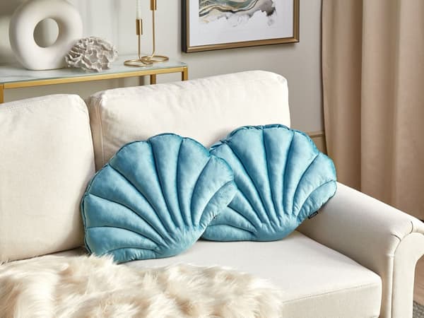 Sæt med 2 puder shell blue blå velour dekorativ pude marine stil til stuen plys blød