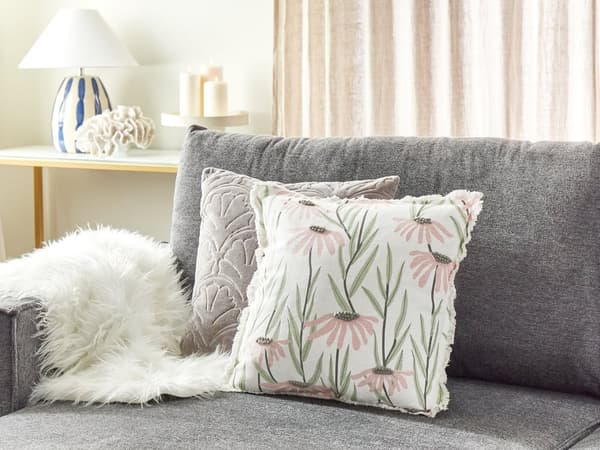 Sæt med 2 puder hvid og blå bomuld 45 x 45 cm blomstermønster frynsede håndlavet aftageligt betræk med fyld Boho stil