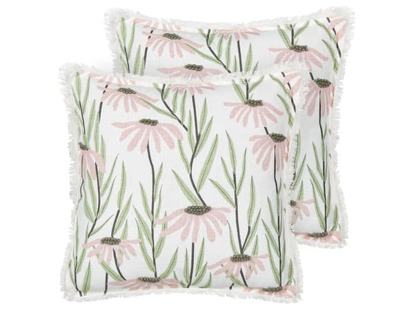 Sæt med 2 puder hvid og blå bomuld 45 x 45 cm blomstermønster frynsede håndlavet aftageligt betræk med fyld Boho stil