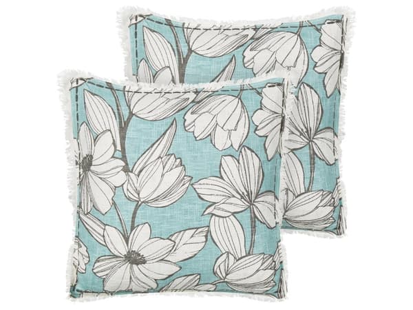 Koristetyyny valkoinen sininen 45 x 45 cm puuvilla 2 kpl hapsut kukkakuvio käsintehty boho