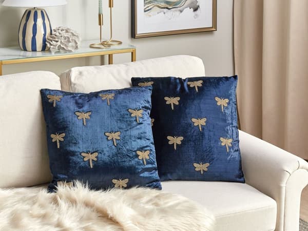 Dekorativ pude marineblå velour 45 x 45 cm dekorativt dyremønster guldsmedemotiv moderne stil traditionel til stue soveværelse